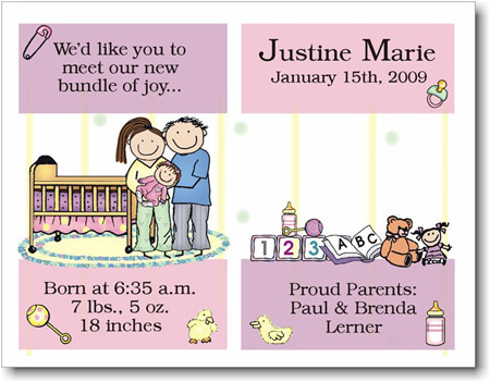 Pen At Hand Stick Figures Birth Announcements - PJ Parents - Girl Pen At Hand Stick Figures Birth Announcements - PJ Parents - Girl
